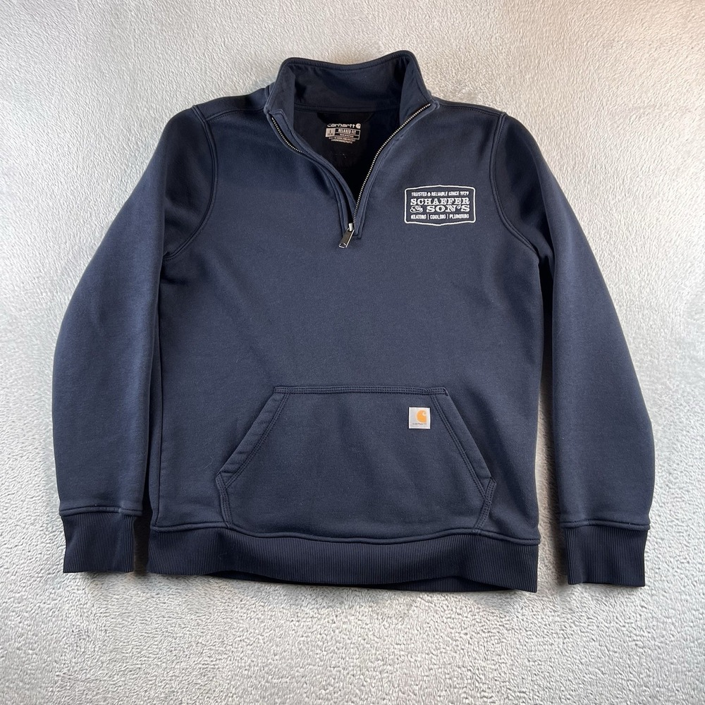 Carhartt Mockneck 1/4 Zip Sweatshirt Youth L 12/14 Navy Custom Logo Soft EUC